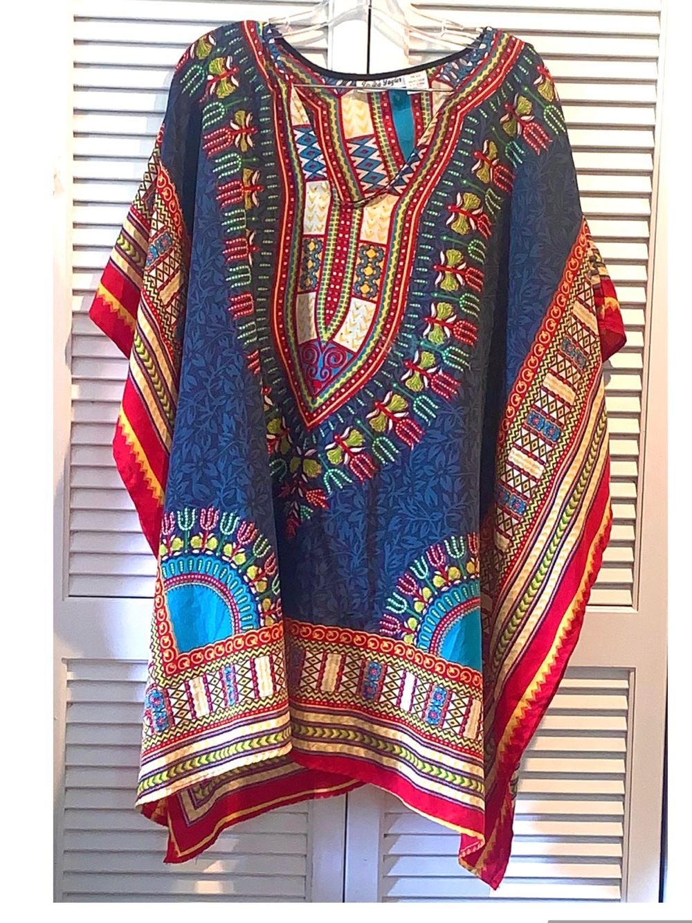Blue African Print Dashiki Kaftan Poncho Tunic Dress One Size Boho